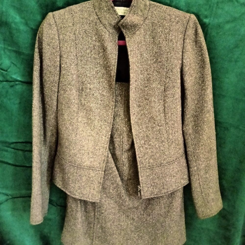 Wool Tweed Herringbone Skirt Suit